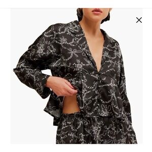 Intimately Free People Beauty sleep Black Floral Bow Print Pajama Top Small NEW